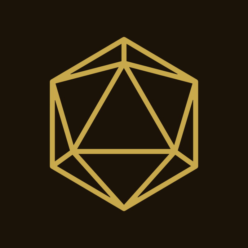 Gold line art icon of a d20 icosahedron on a dark brown background