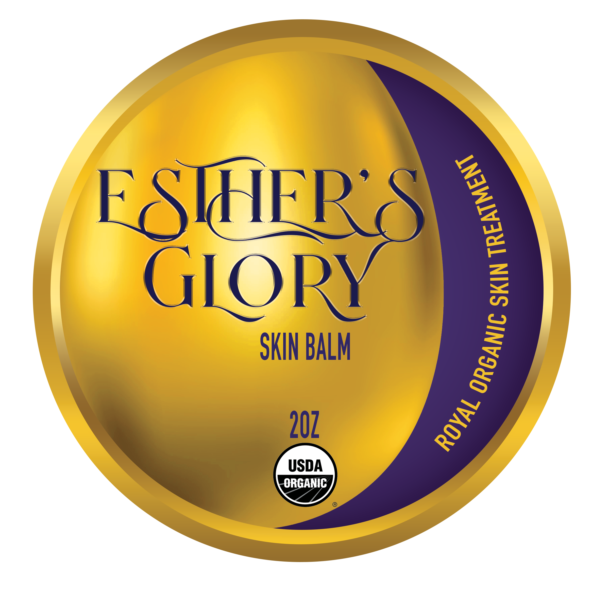 Round gold-colored container label for Esther's Glory Skin Balm, 2 oz, USDA Organic, royal organic skin treatment.