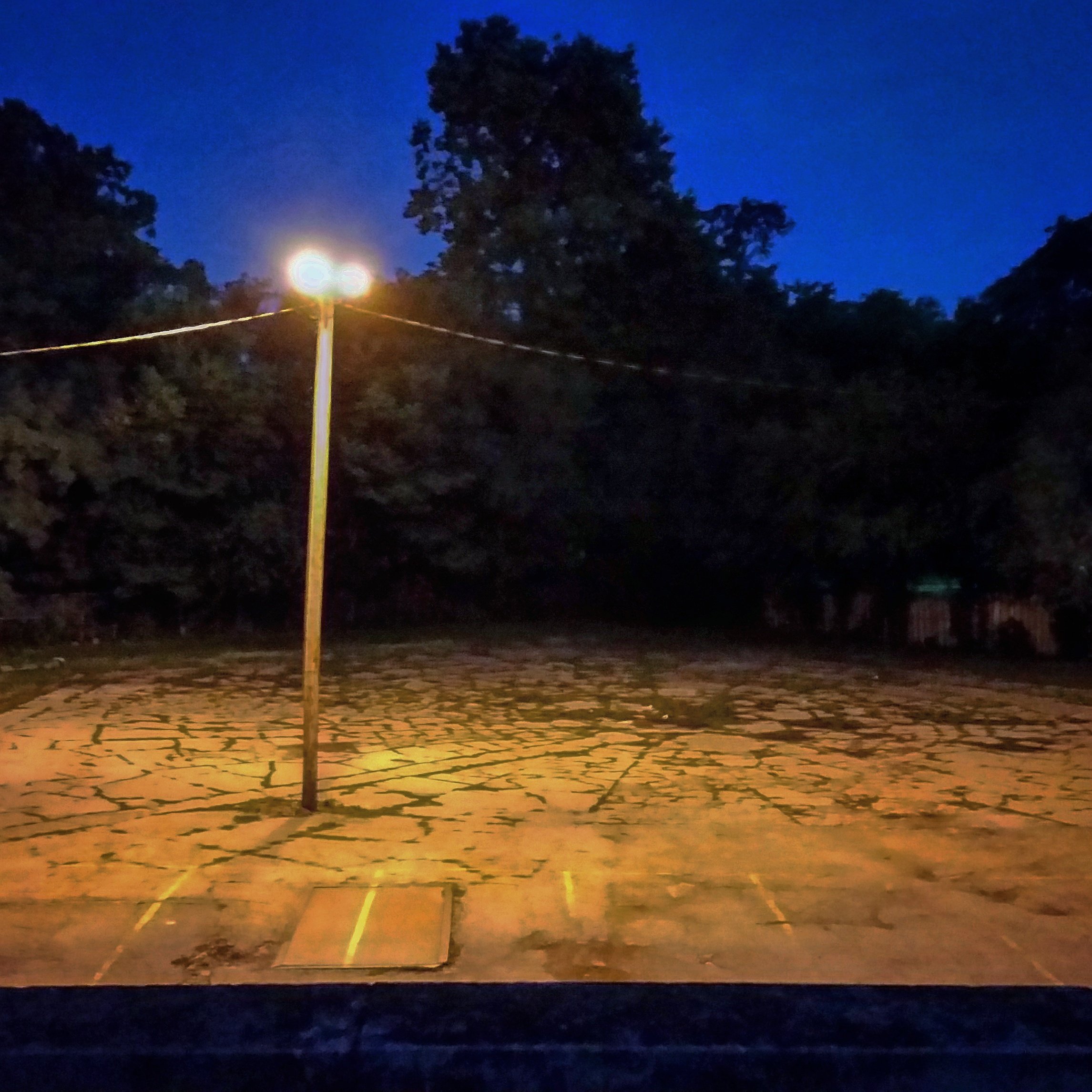 A nighttime scene showing a single streetlight illuminating a cracked stone pavement with a wooded area in the background.