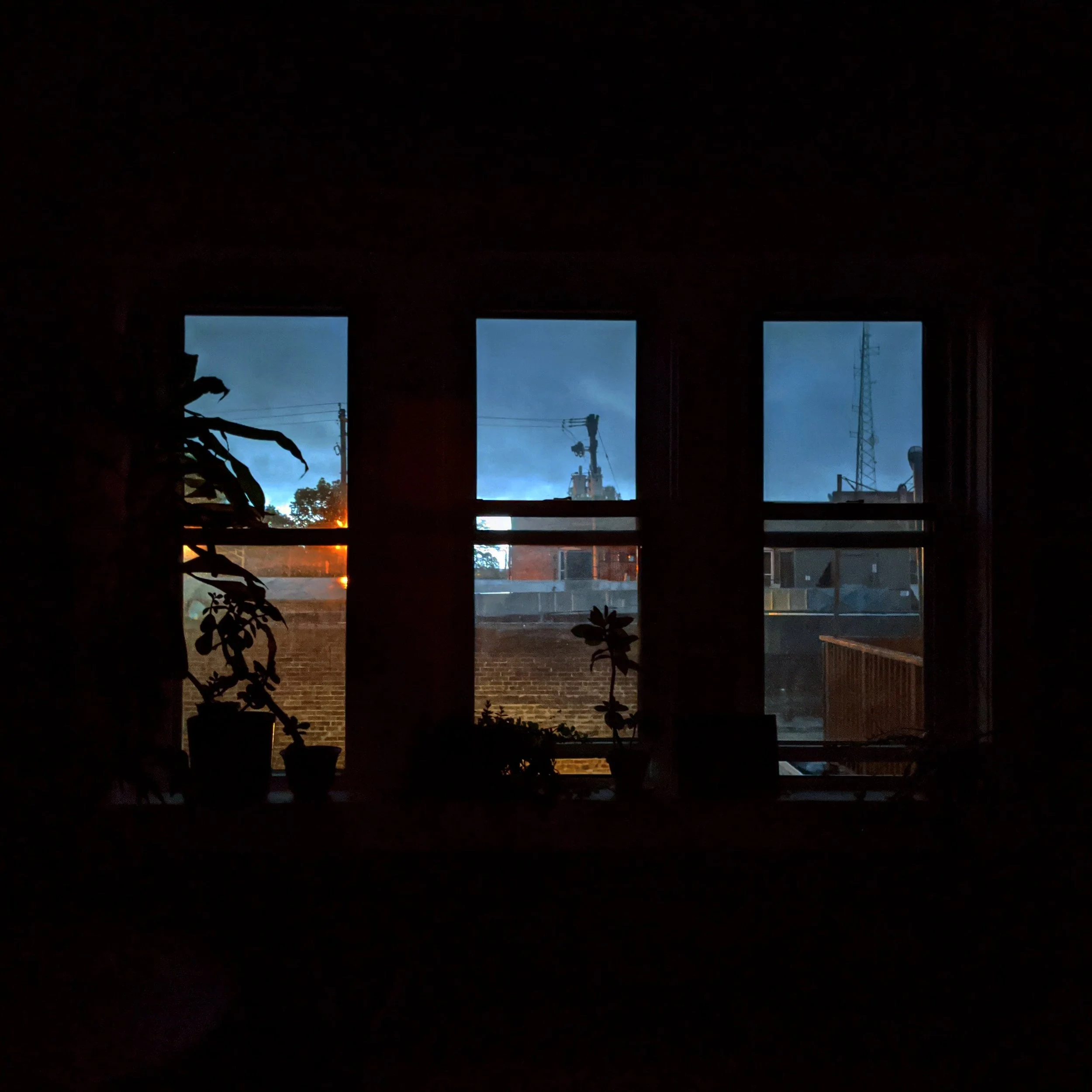 View through a window showing an overcast sky, old brick wall, and construction cranes outside, with silhouettes of houseplants on the windowsill inside.