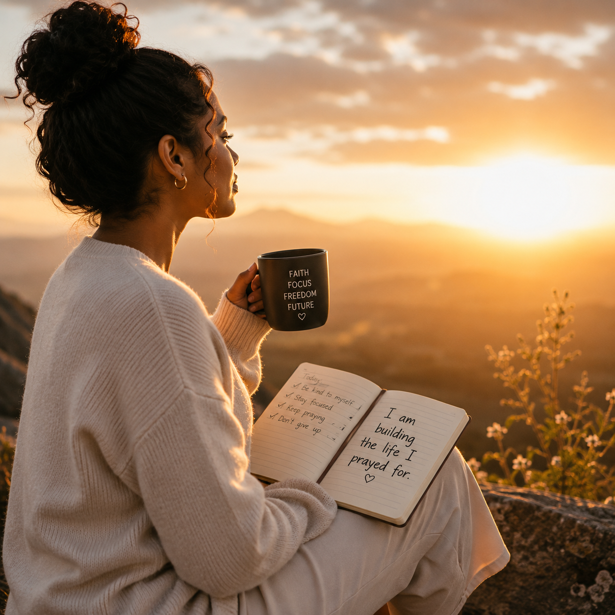 A woman with curly hair tied in a bun sitting outdoors during sunset, holding a black mug with motivational words, and reading a notebook with handwritten notes and an affirmation. She's wearing a cream-colored sweater and looks peaceful.