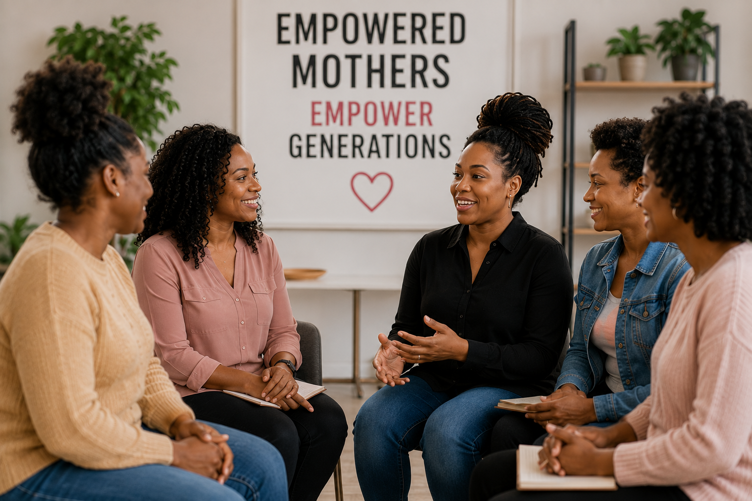 Group of women sitting in a circle and talking, with a sign behind them reading 'Empowered Mothers Empower Generations' and a small heart illustration.
