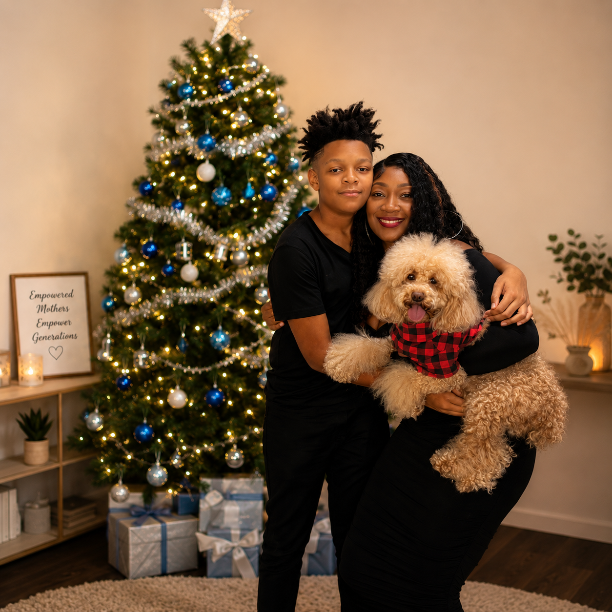 A smiling woman holding a curly-haired dog dressed in a red and black checkered bandana, with a Christmas tree decorated with blue and silver ornaments and lights in the background.