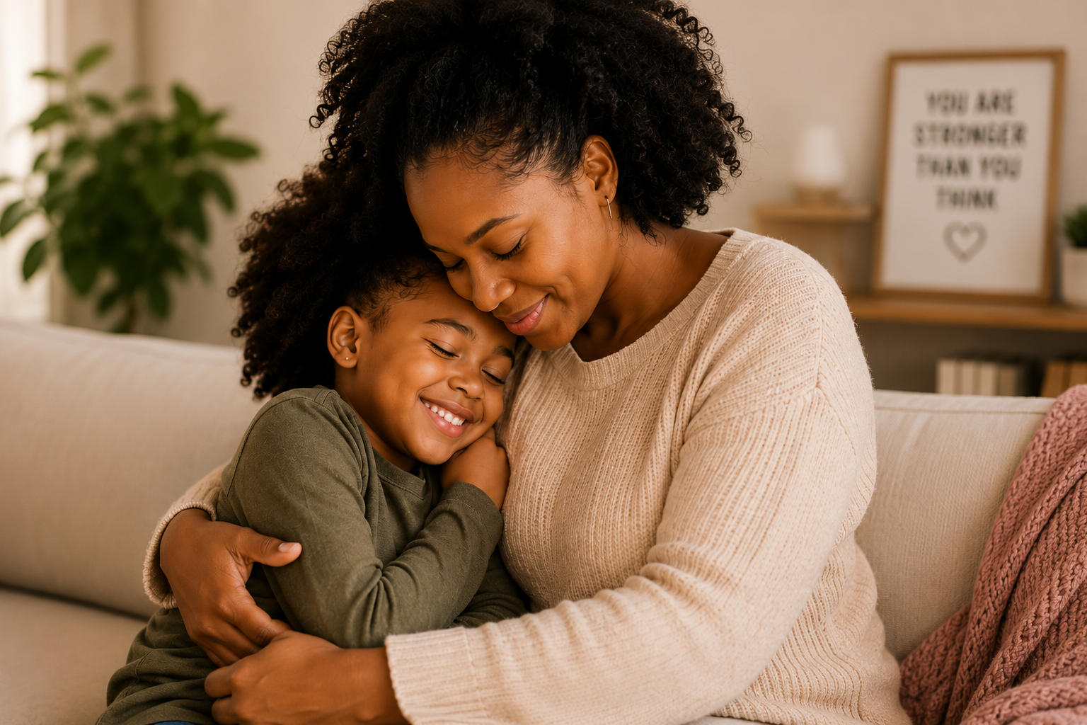 A mother and daughter hugging and smiling with eyes closed in a cozy living room.