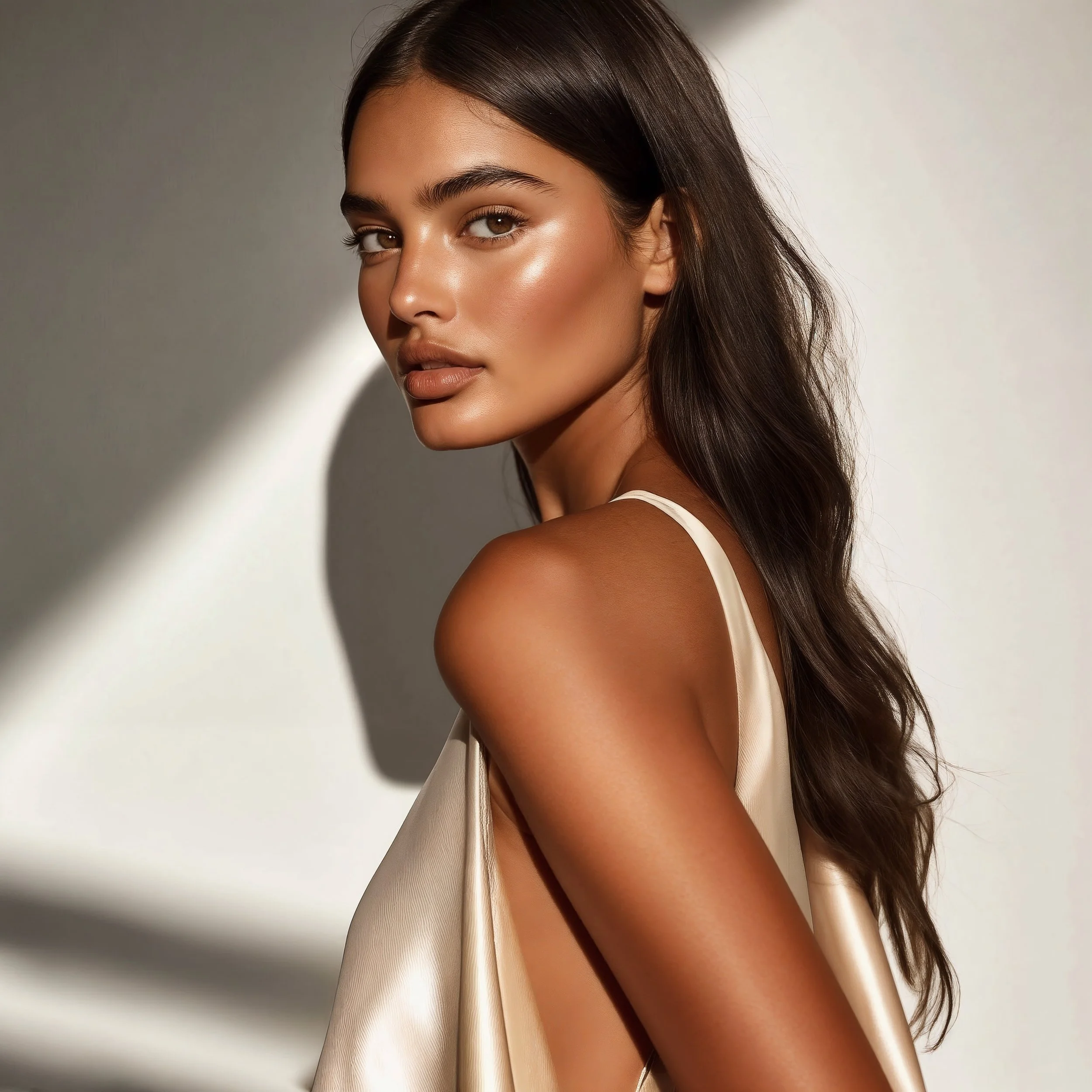 Close-up of a woman with long wavy brown hair, wearing a satin beige top, turned slightly to the side, with a soft light casting shadows on the background.