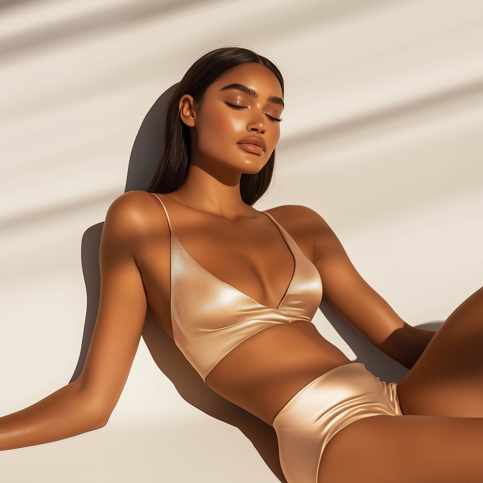 A woman with tan skin and long dark hair reclining with her eyes closed, wearing a beige satin crop top and matching shorts, against a white background with soft shadows.