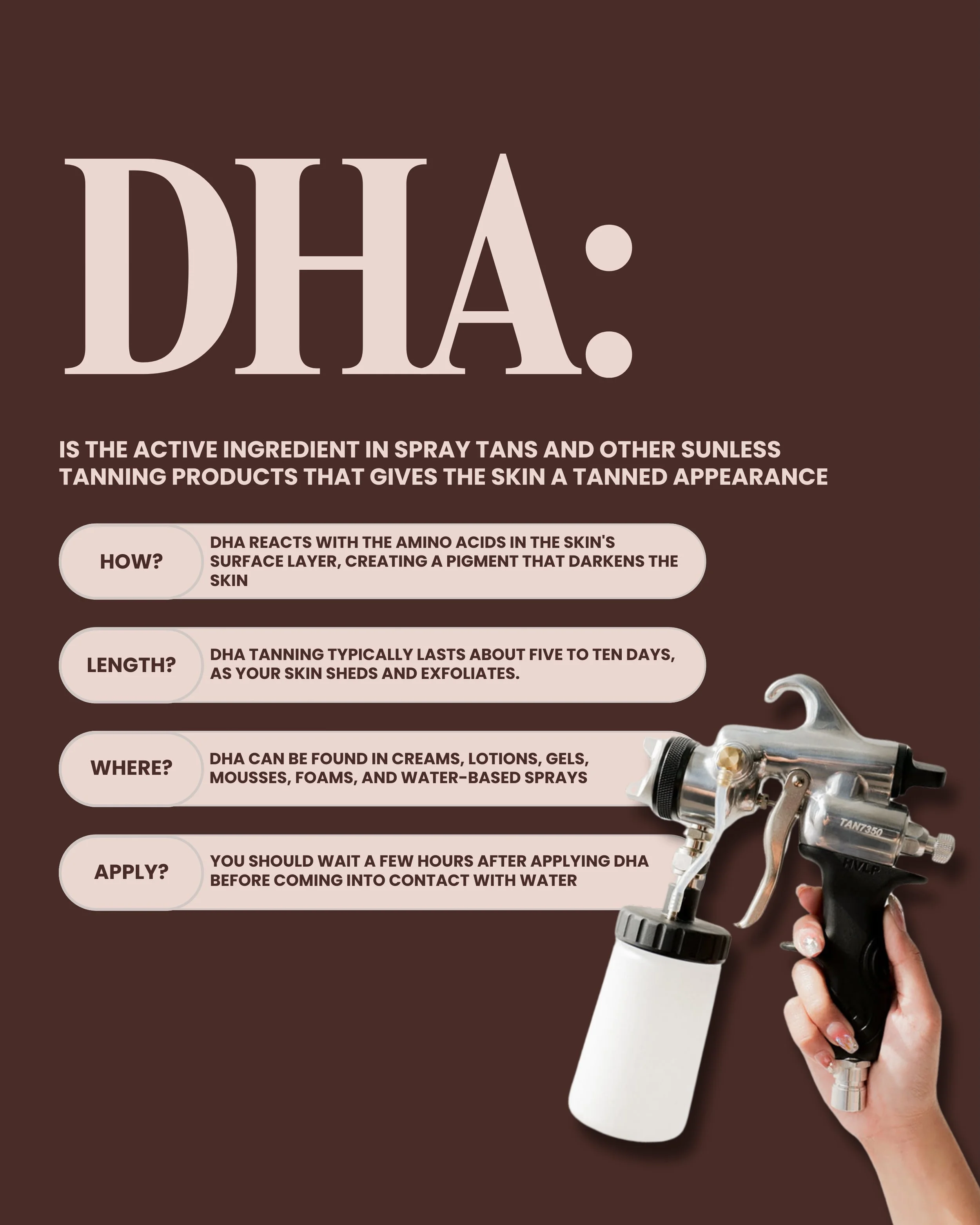 A little spray tan education 🤎

DHA is the ingredient that gives your spray tan its color. It reacts with the proteins in the top layer of your skin to create that sun-kissed glow, no UV exposure needed.

Something a lot of people don&rsquo;t realiz
