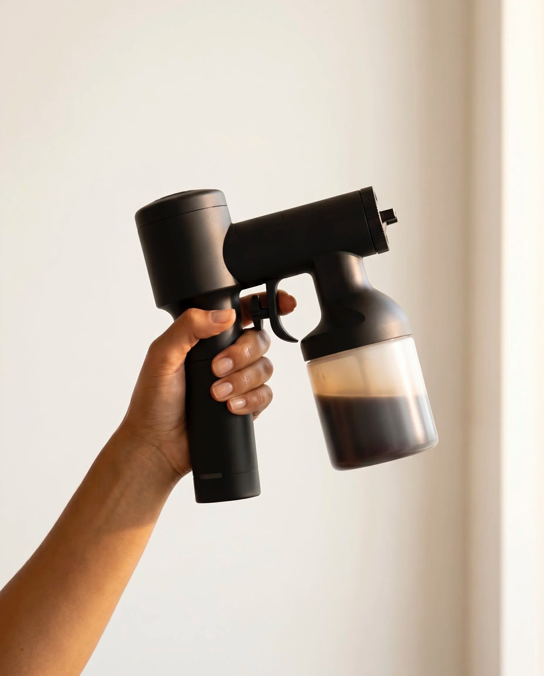 A person holding a massage gun and a massage oil bottle.