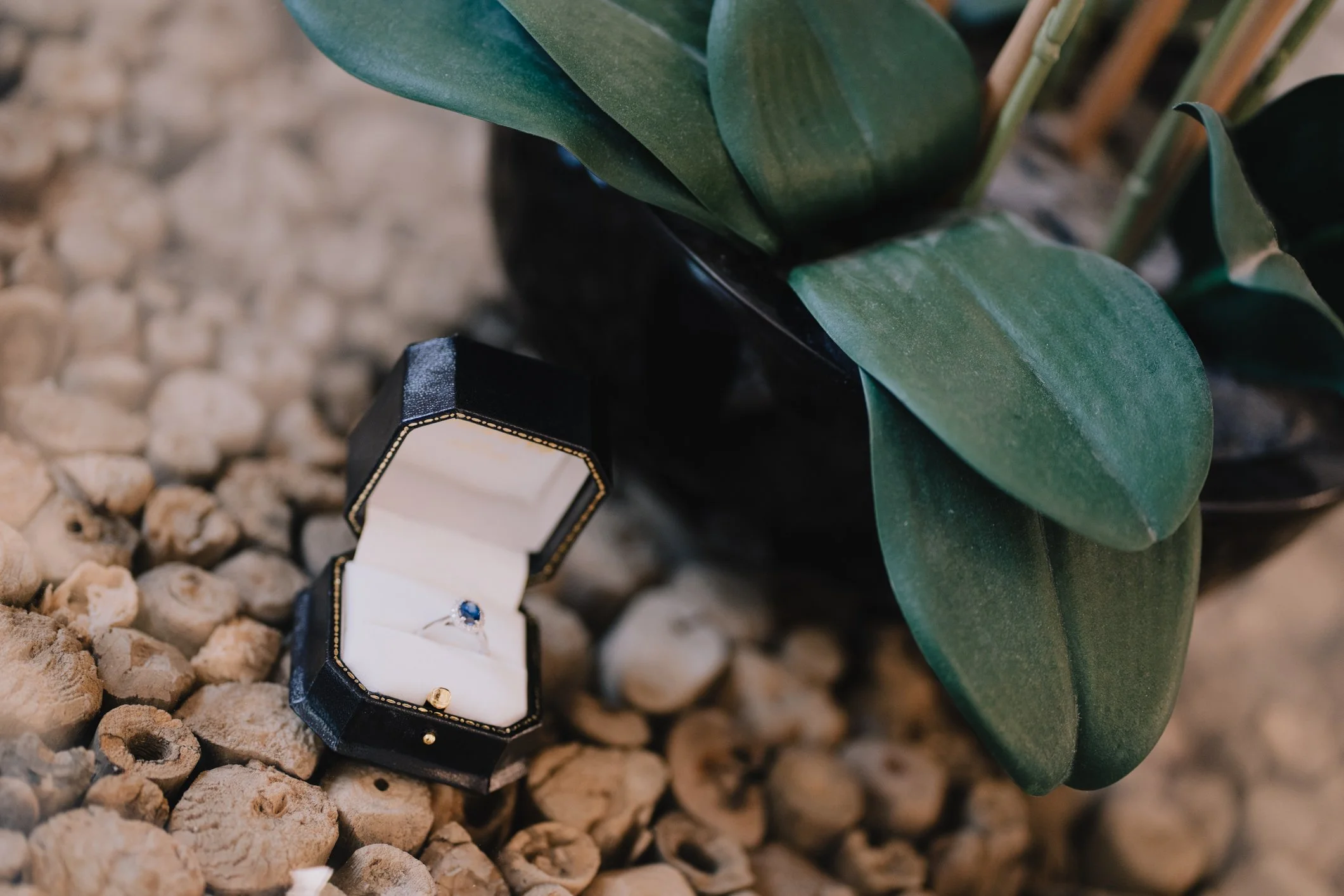 Engagement ring styled among soft floral wedding details for a close-up shot