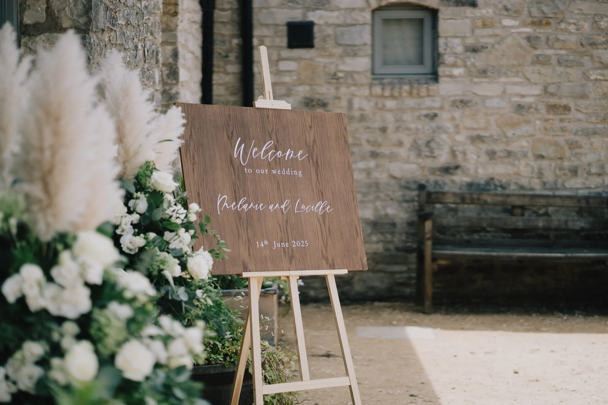 Wedding sign outside Folly Farm, Somerset displaying the brides information