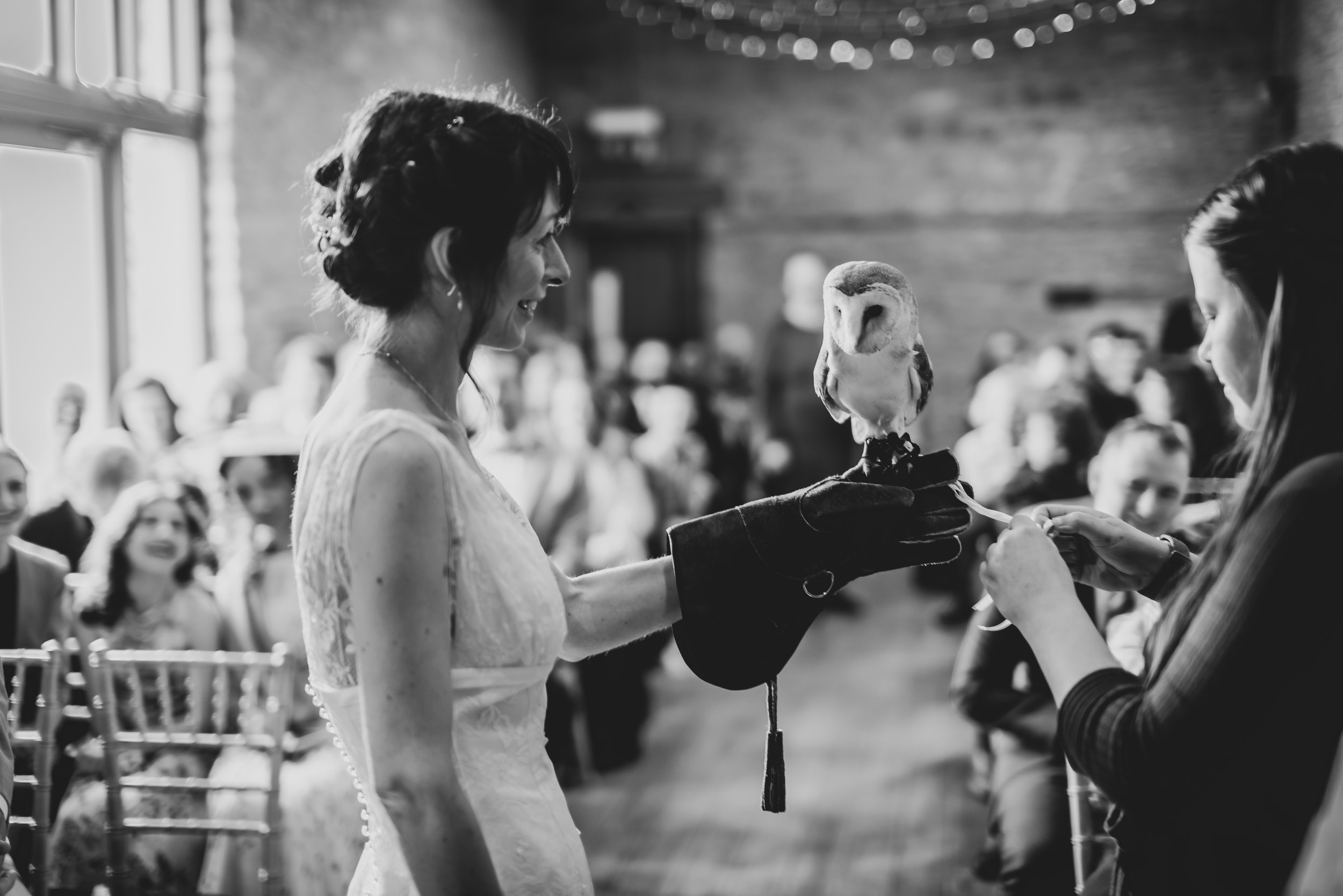 A bride in a wedding dress holding a barn owl on her gloved hand at a wedding ceremony at Folly Farm.