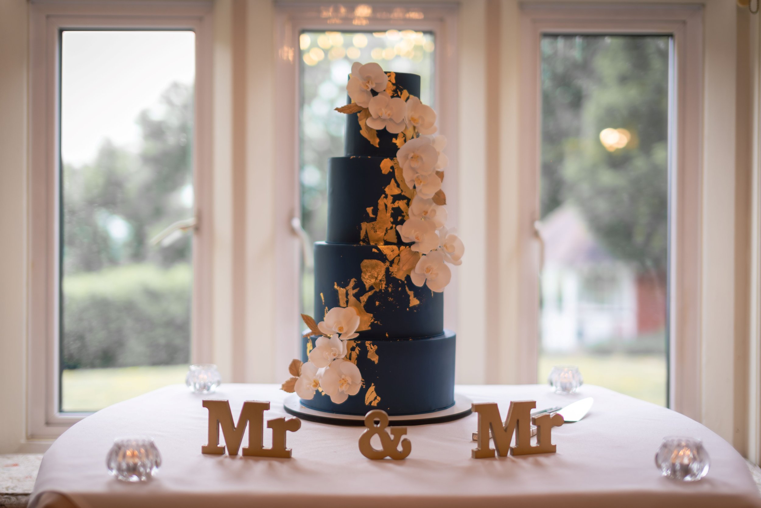 Stunning royal blue wedding cake with the grounds of Berwick Lodge in the background
