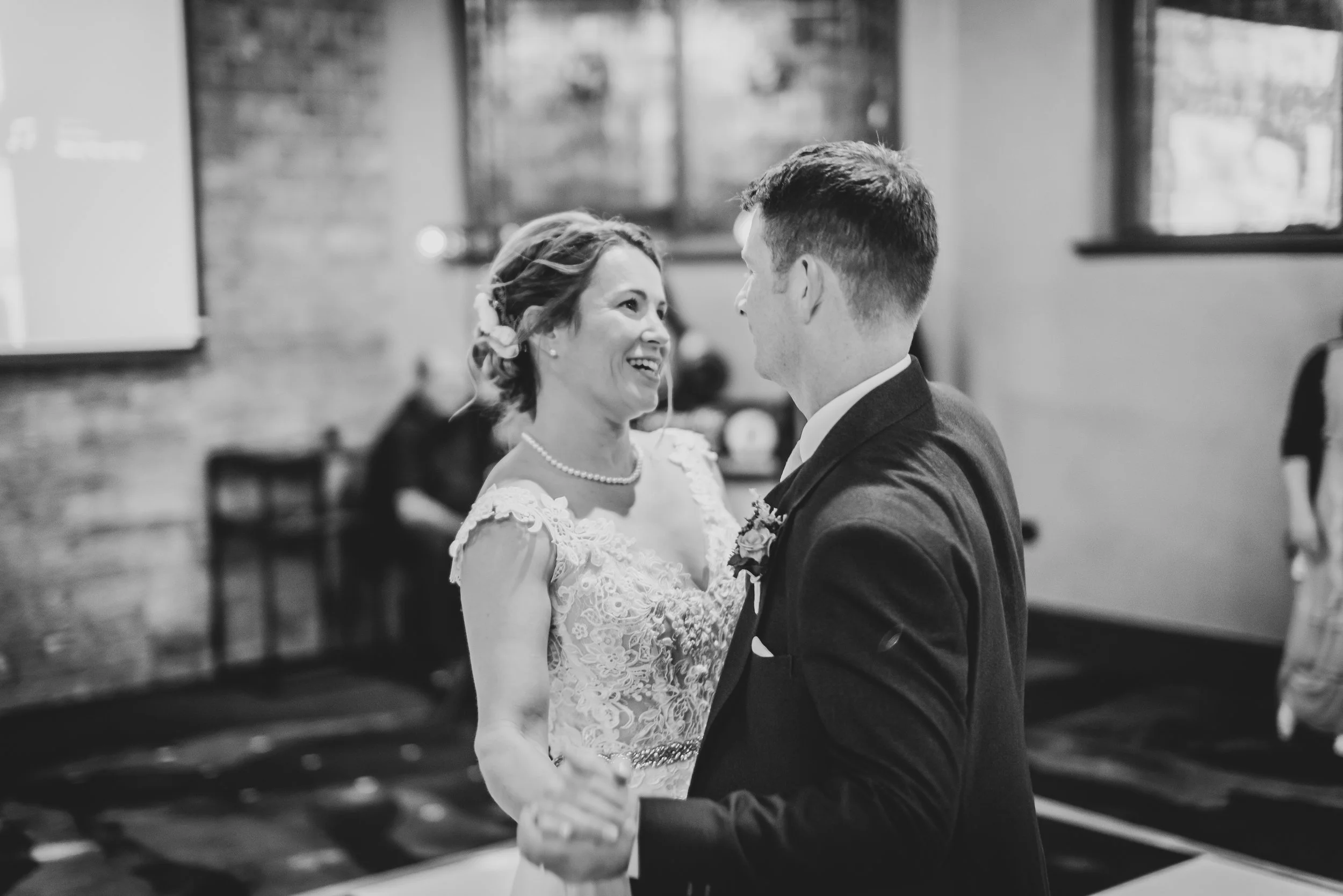 Bride and Groom dancing to their first dance in black and white at Avon Gorge Hotel