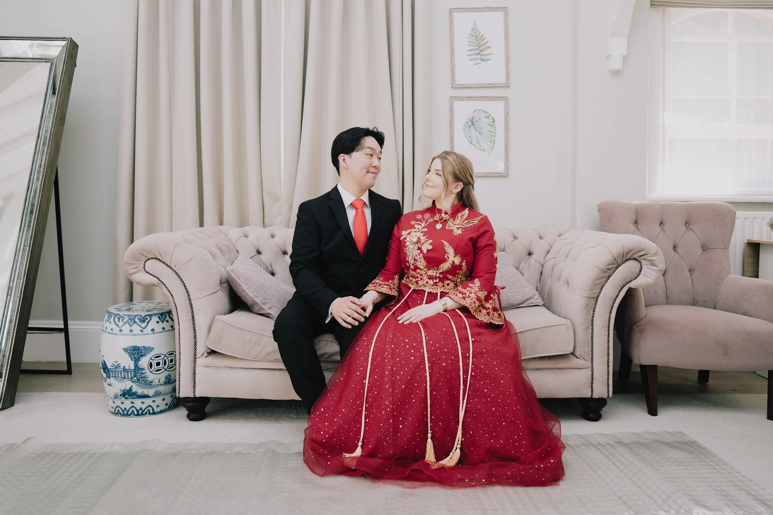 Bride and Groom in a beautiful pose at Syrencot following their Chinese Tea Ceremony