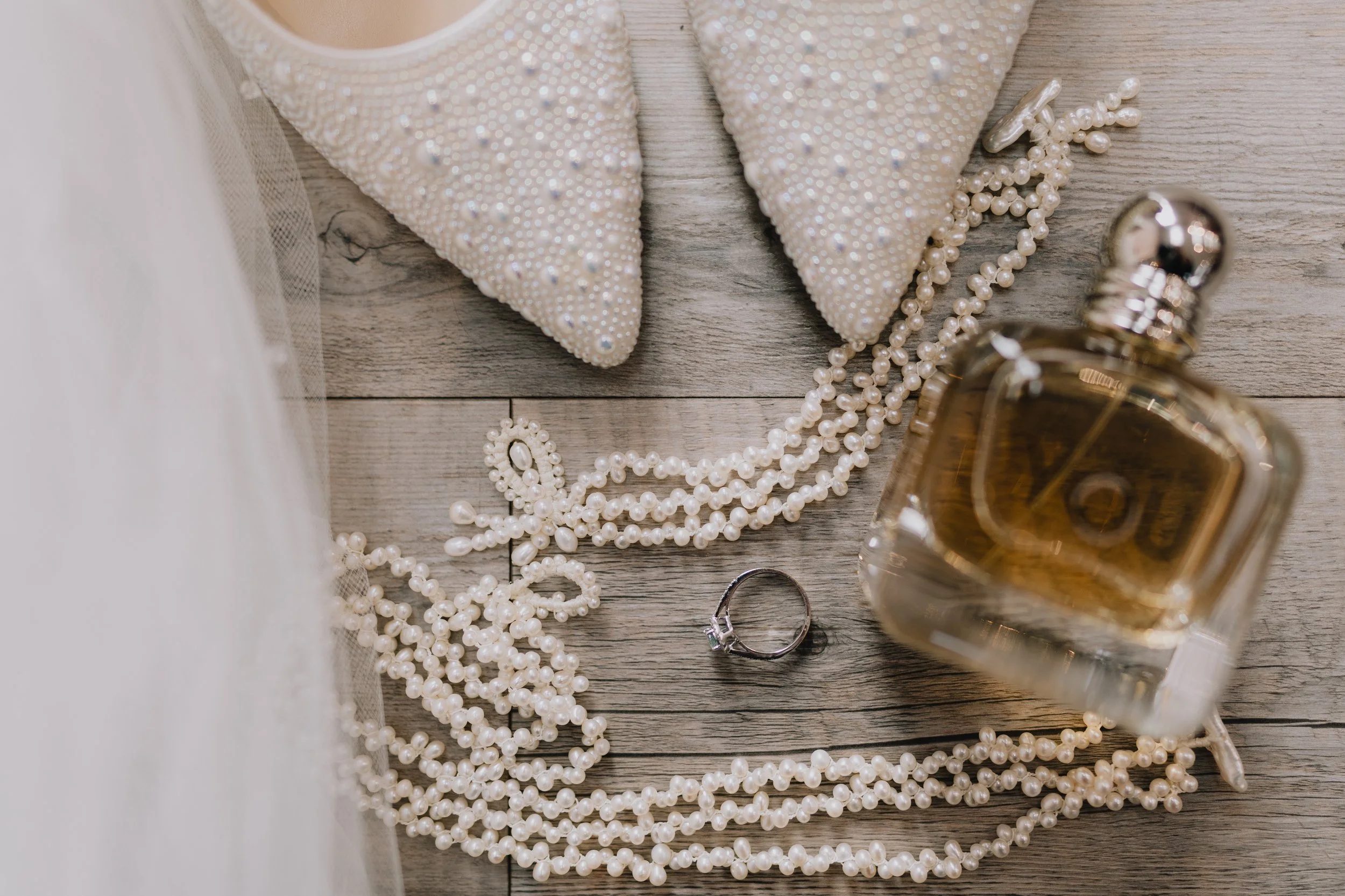 Flat lay of a brides possessions at her Bristol wedding