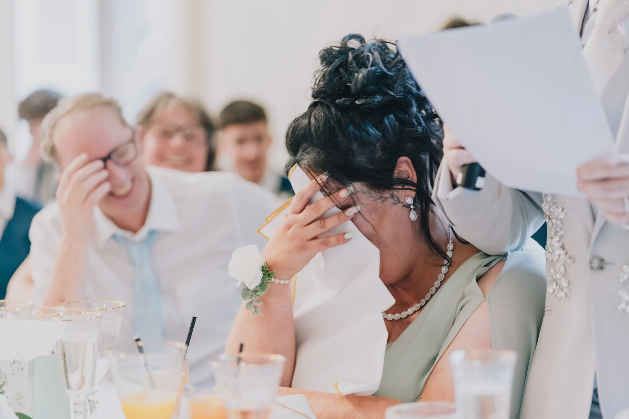 Clearwell Castle Wedding Photographer captures moment bridesmaid get tearful during speeches