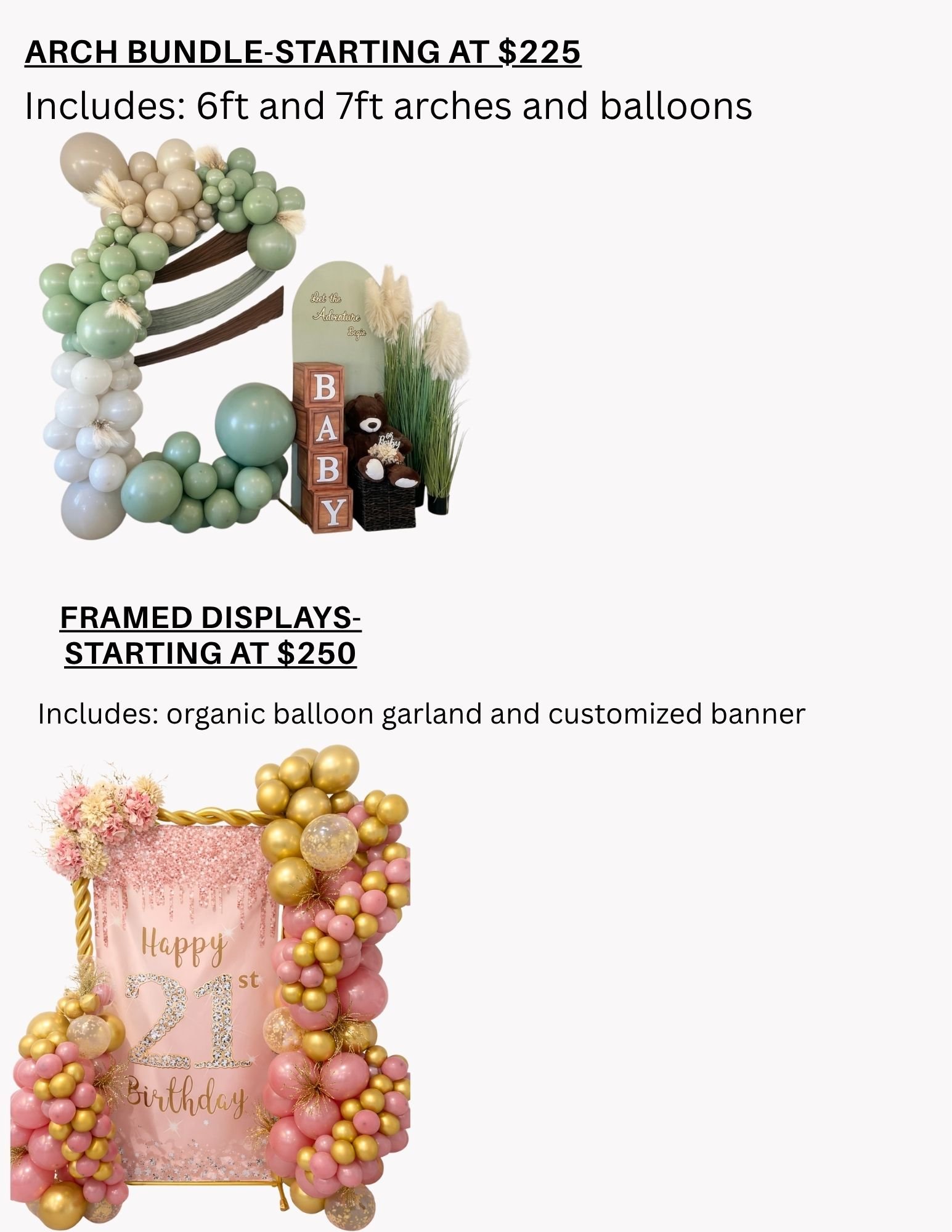 A decorative birthday balloon display with pink, gold, and patterned balloons, and a pink birthday cake with floral accents.