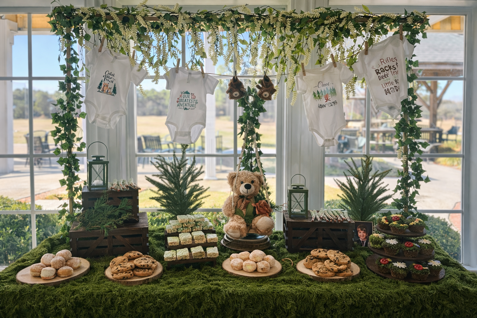 Indoor dessert table decorated with woodland and teddy bear theme, featuring assorted cookies and cupcakes, teddy bear plush, hanging baby clothes with woodland prints, and faux greenery, set against large windows with outdoor view.