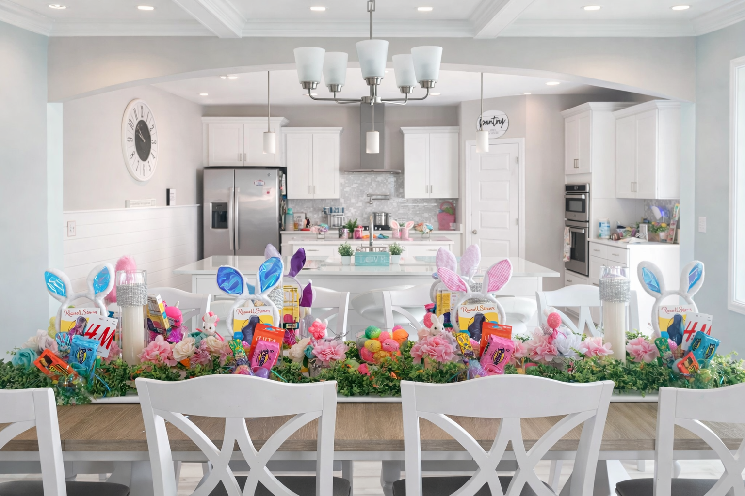 A dining table decorated with pastel Easter-themed baskets, surrounded by white chairs, in a bright, modern kitchen with white cabinets and stainless steel appliances.