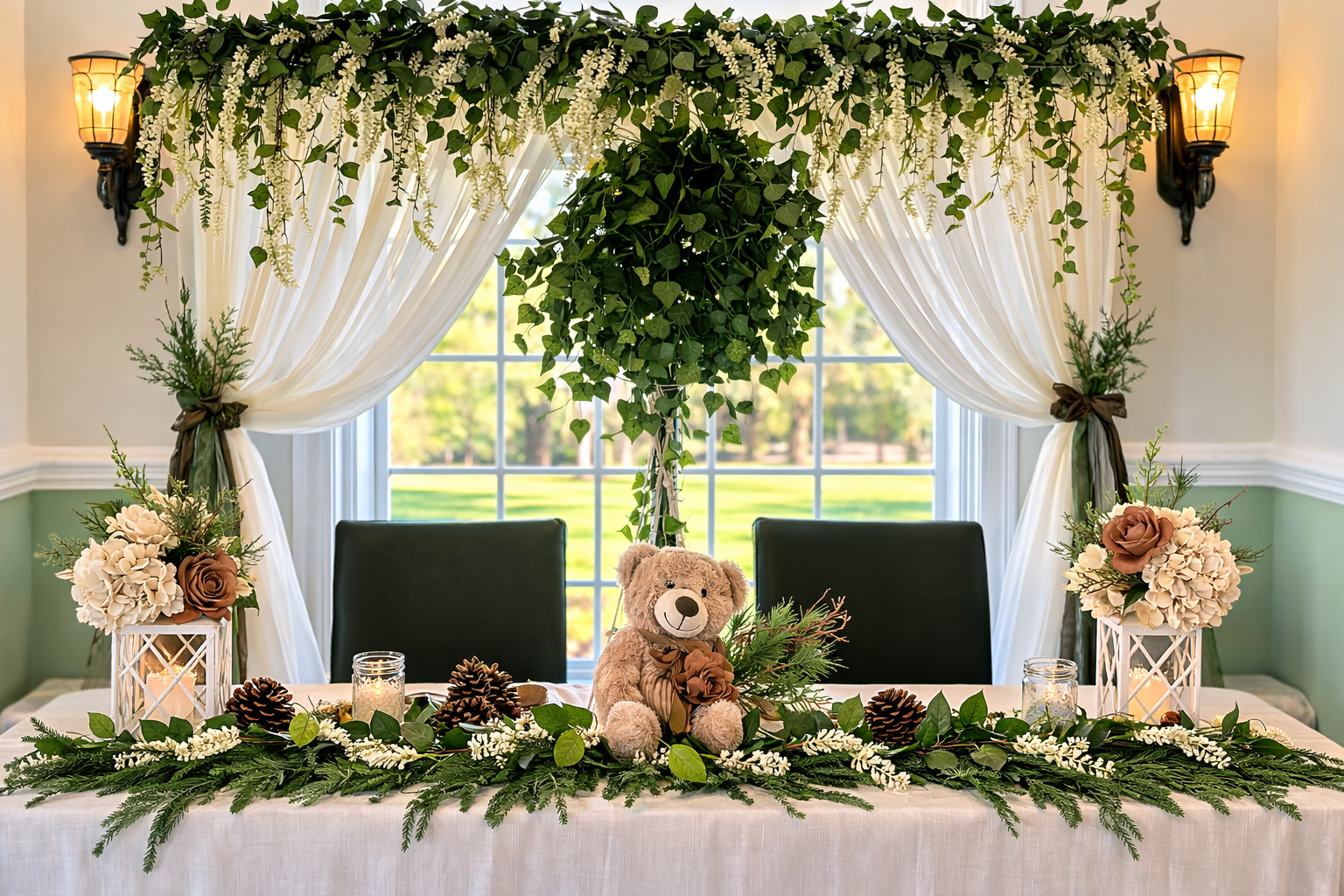 Decorated dining table for a celebration with greenery, white flowers, pinecones, candles, and a teddy bear holding a rose, set in front of large windows with white curtains tied back, greenery above, and soft lighting.