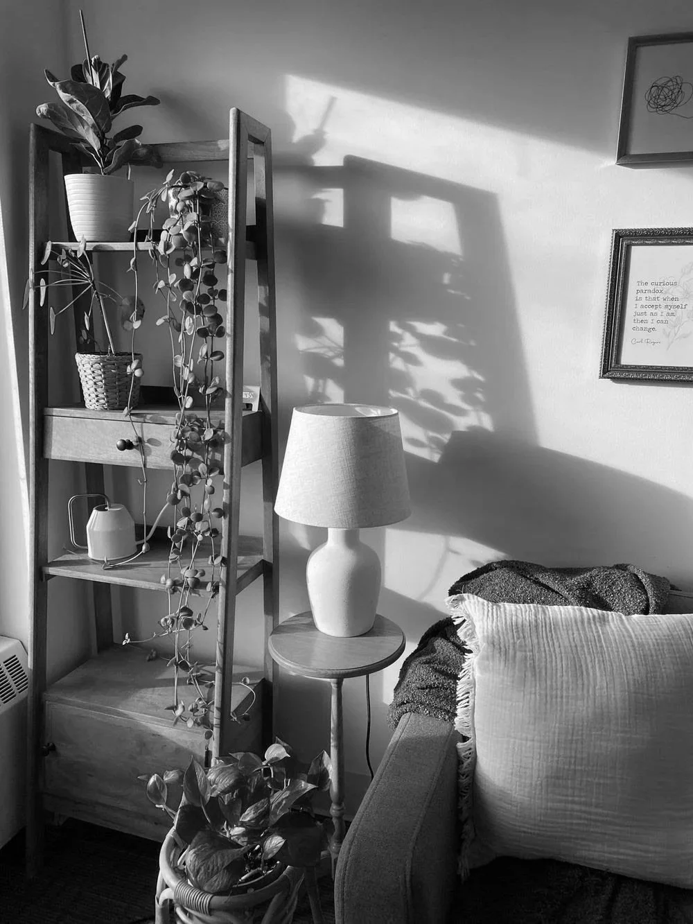 Black and white photo of a cozy living room corner with a wooden shelving unit holding potted plants, a lamp, and decorative items. A table lamp on a round side table illuminates the room, casting shadows on the wall. There is a framed quote on the wall and a sofa with pillows and a throw blanket.
