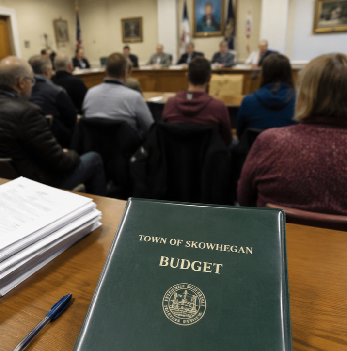 A government meeting room with people seated facing a panel at the front. In the foreground, a green budget report for the Town of Skowhegan and a pen are visible on a wooden table.