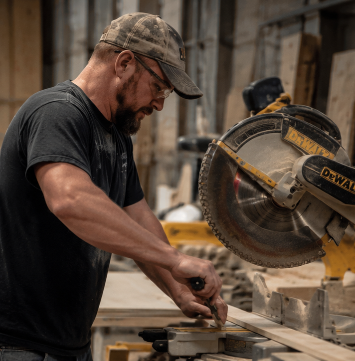 A man working with a circular saw in a woodworking shop.