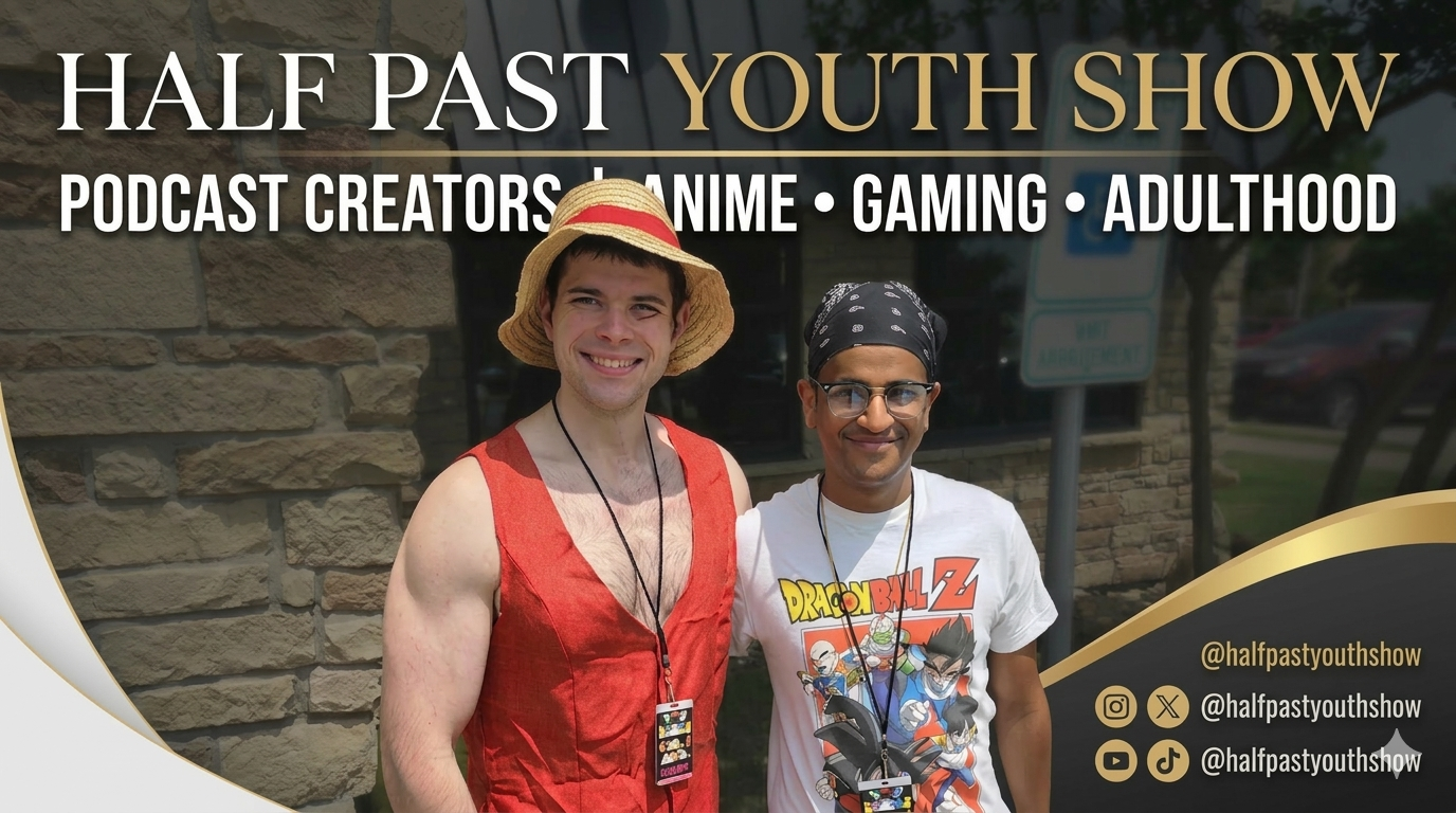 Two young men standing outside in front of a building with a stone wall, smiling at the camera. One is wearing a straw hat and a red sleeveless shirt, the other is wearing glasses, a black bandana, and a Dragon Ball Z t-shirt.