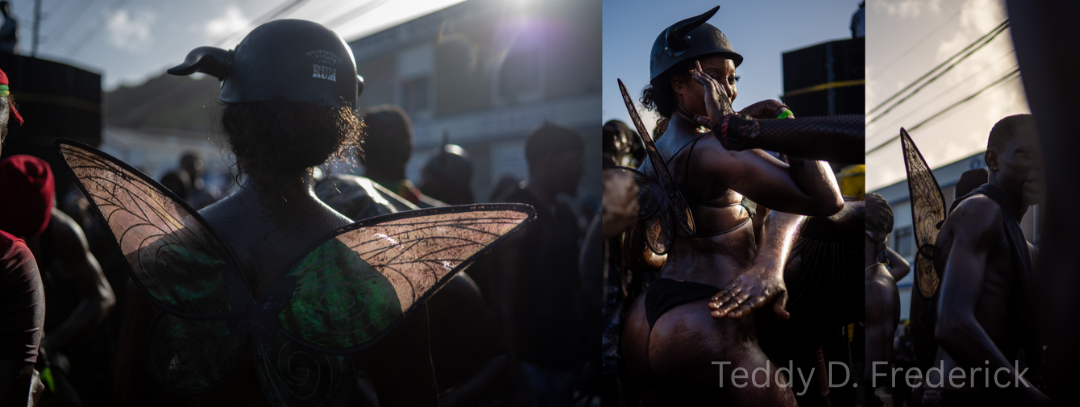 People dressed as fairies and or elves with wings and helmets participating in a parade or festival outdoors during sunset.