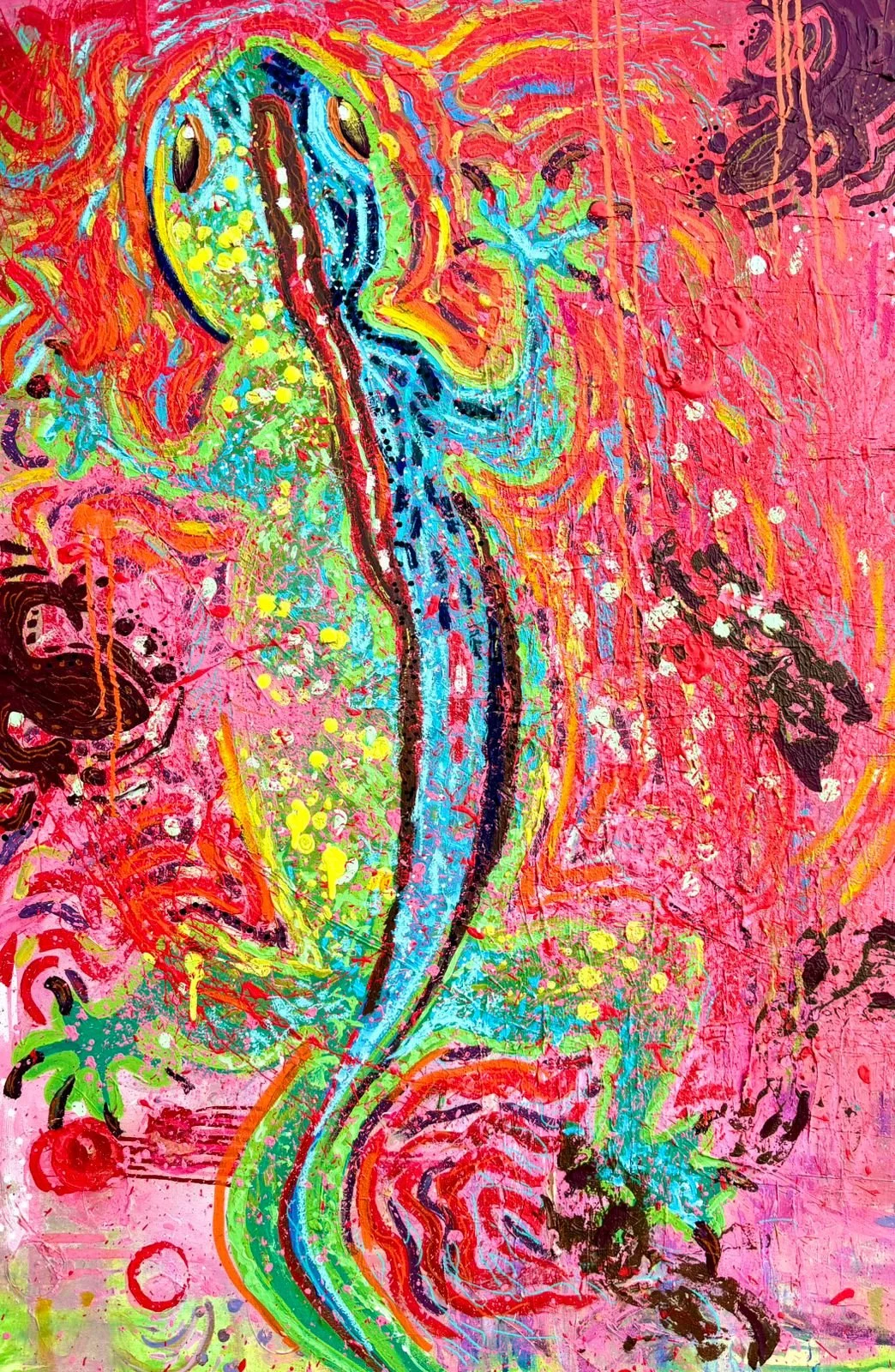 Abstract colorful painting featuring a large, stylized chameleon with vibrant colors, splashes, and scribbles on a pink background.