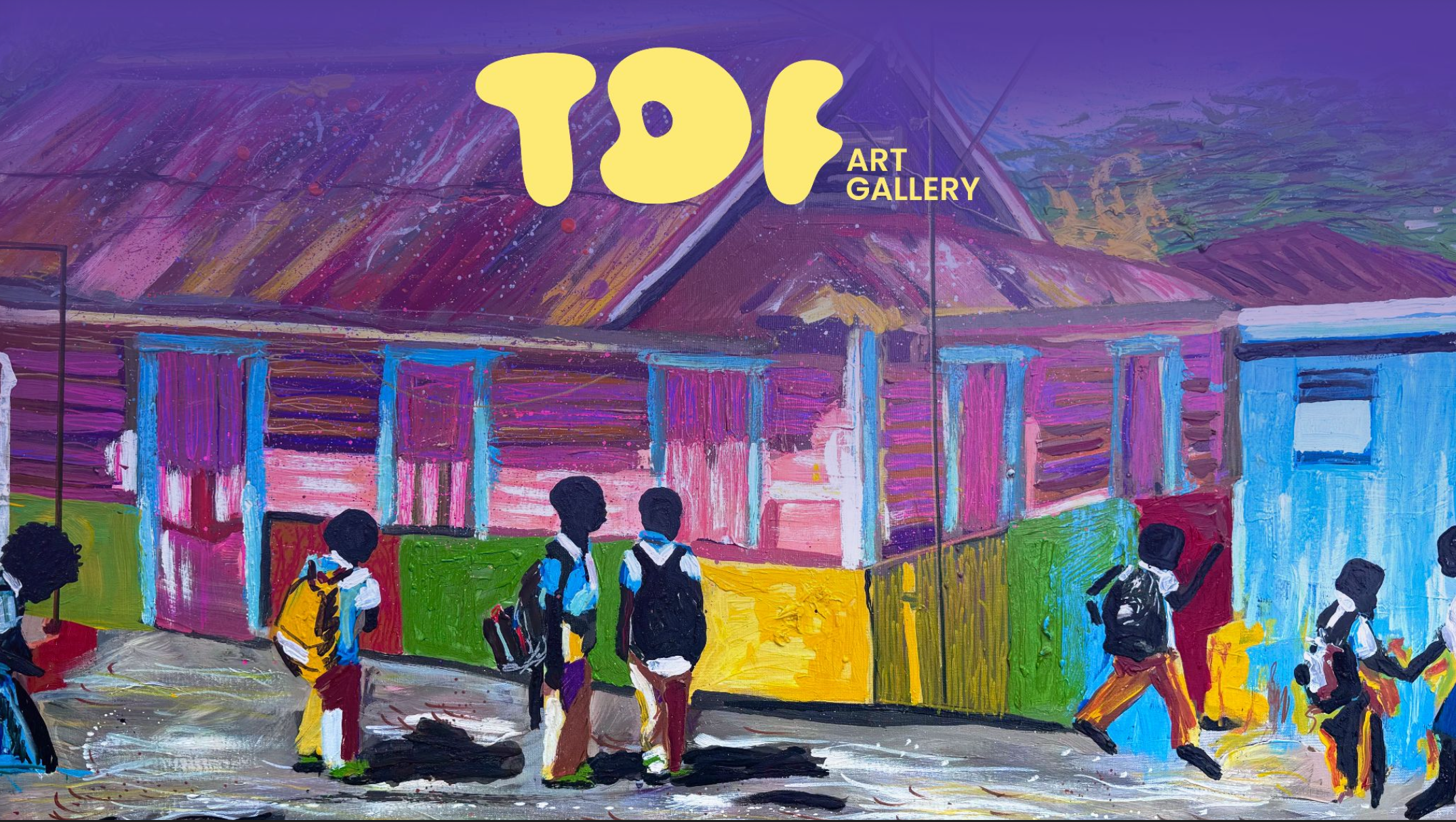 Colorful painting of children walking past a building with 'TDS Art Gallery' sign in yellow letters.