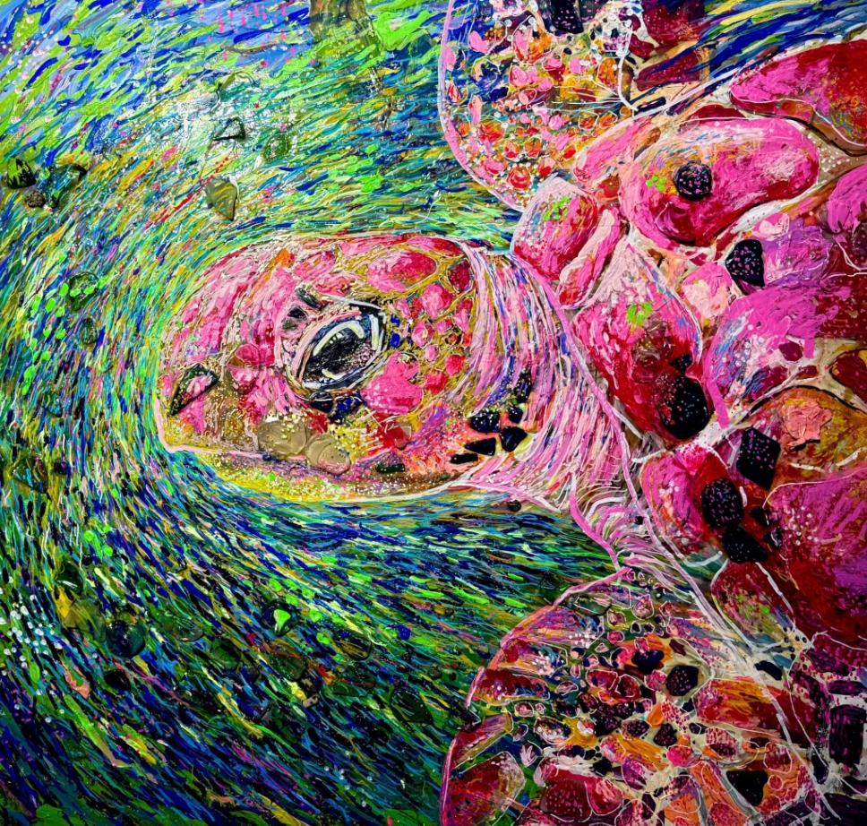 Sea Glass Discovery / Acrylic,
mixed media with Sea Glass on
canvas 32 x 39”
