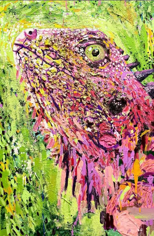 Pink Iguana / Acrylic / mixed
media on canvas 35 x 59”