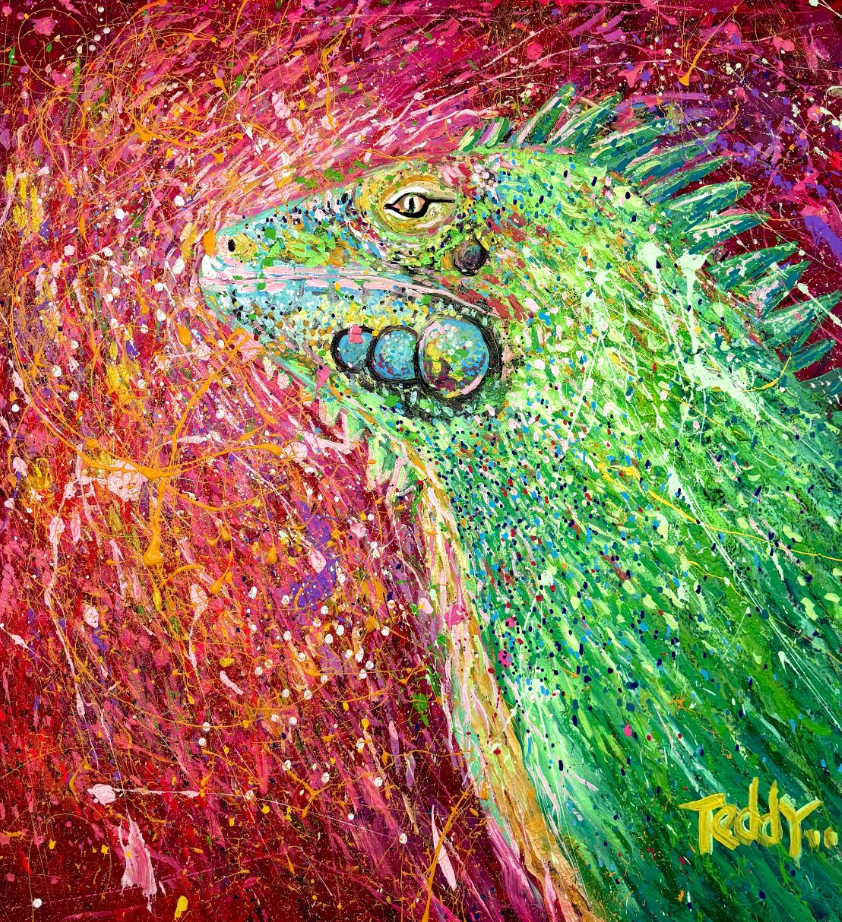 Iguana at Bay / Acrylic / mixed
media on canvas 32 x 32”