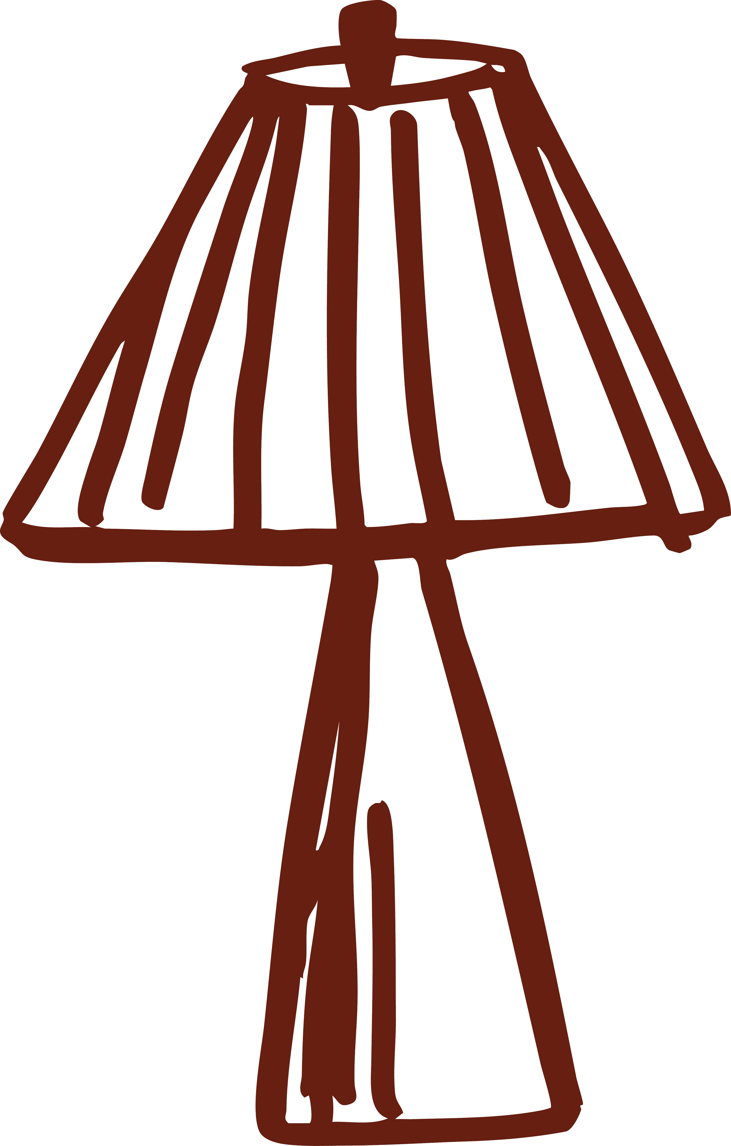 A burgundy line drawing of a lamp.
