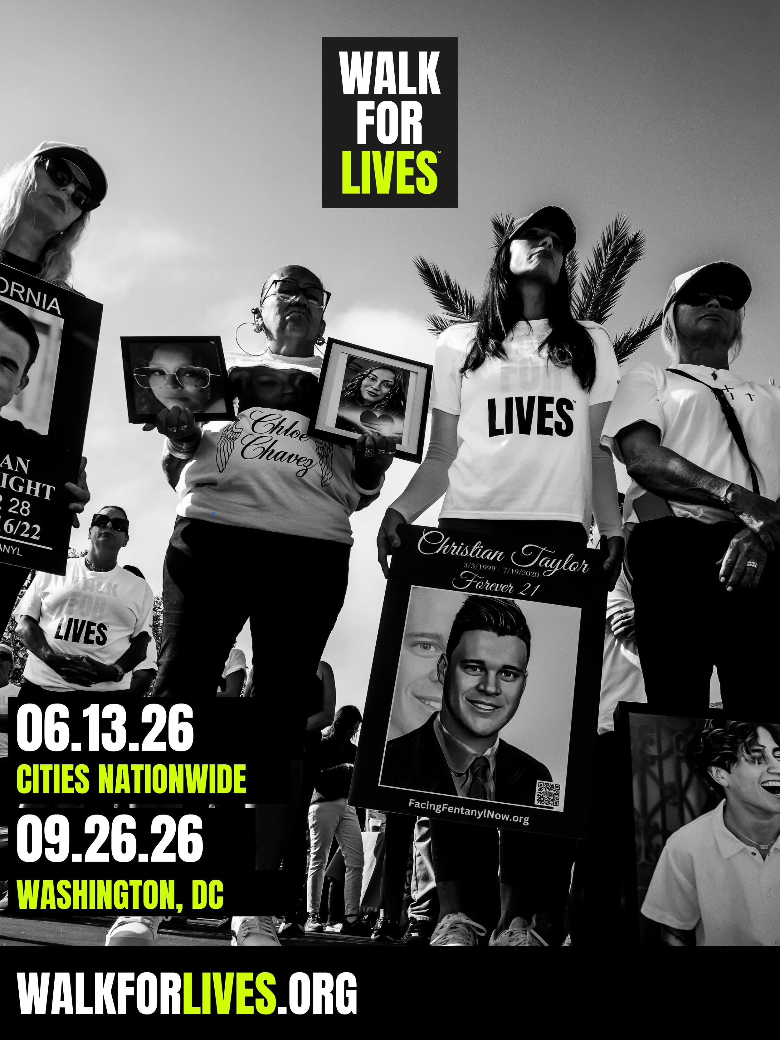 Black and white photo of people holding pictures and signs at a walk for lives event, with a sign reading 'Walk for Lives' at the top. Dates and locations for the event are provided at the bottom.
