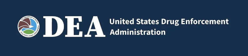 Logo of the U.S. Department of Justice Drug Enforcement Administration with the text 'DEA United States Drug Enforcement Administration' on a dark blue background.