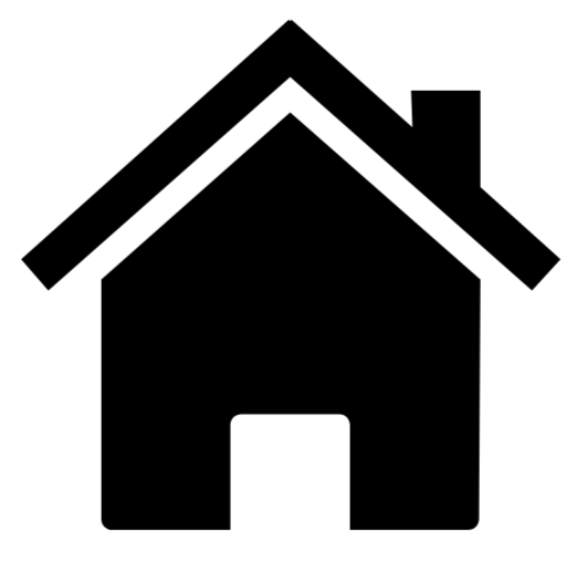 Simple black and white icon of a house with a pitched roof and chimney.