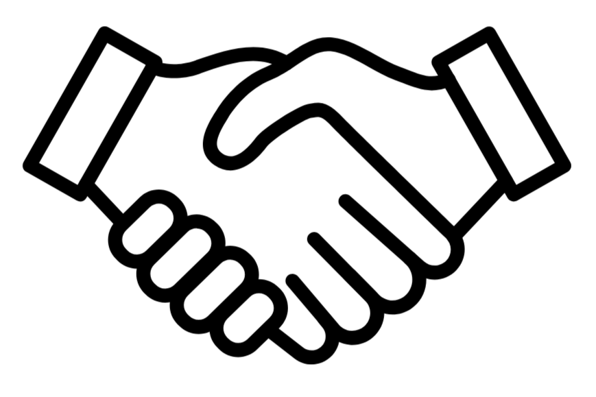 Simple black outline drawing of two hands shaking.