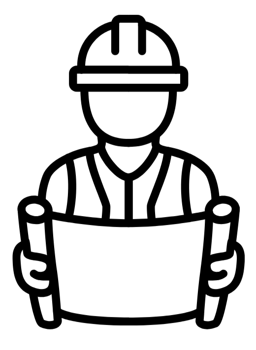 Line drawing of a construction worker in a helmet holding a blueprint.