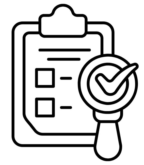 Outline of a clipboard with checkboxes and a magnifying glass with a checkmark.