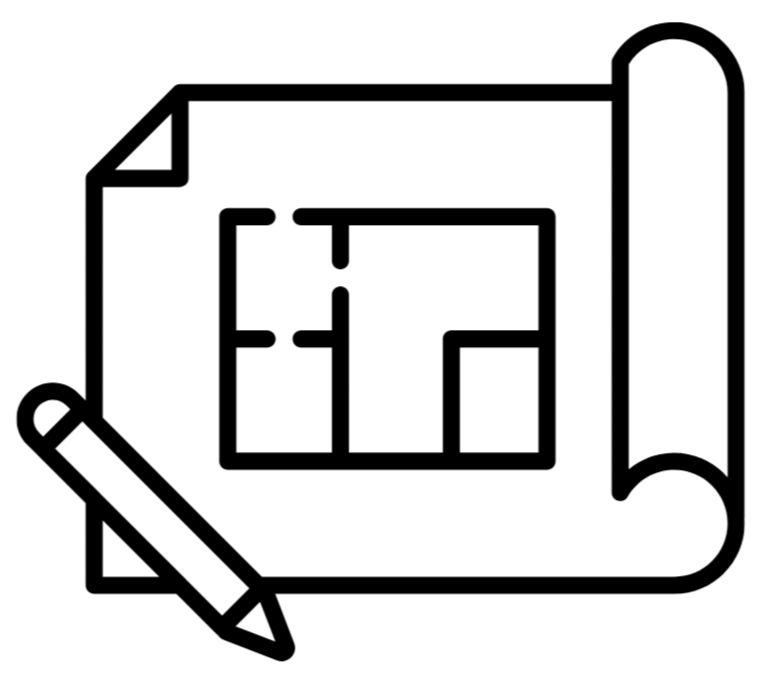 Line drawing of a blueprint with a pen placed across it.