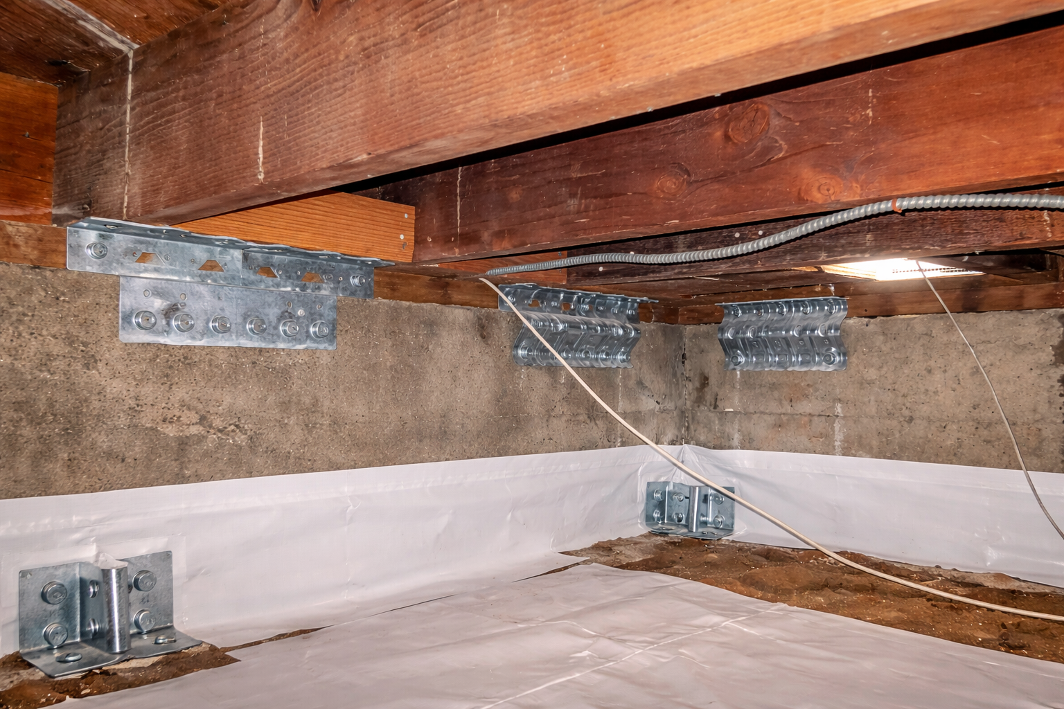 Wooden beams supported by metal framing brackets and joists in a construction or renovation site.