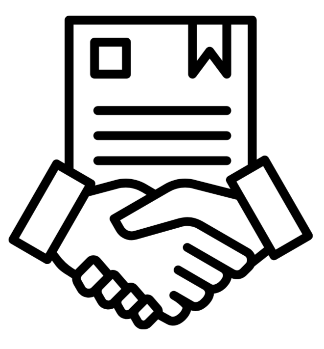 Outline of two hands shaking in front of a document with the letter 'W' on it.