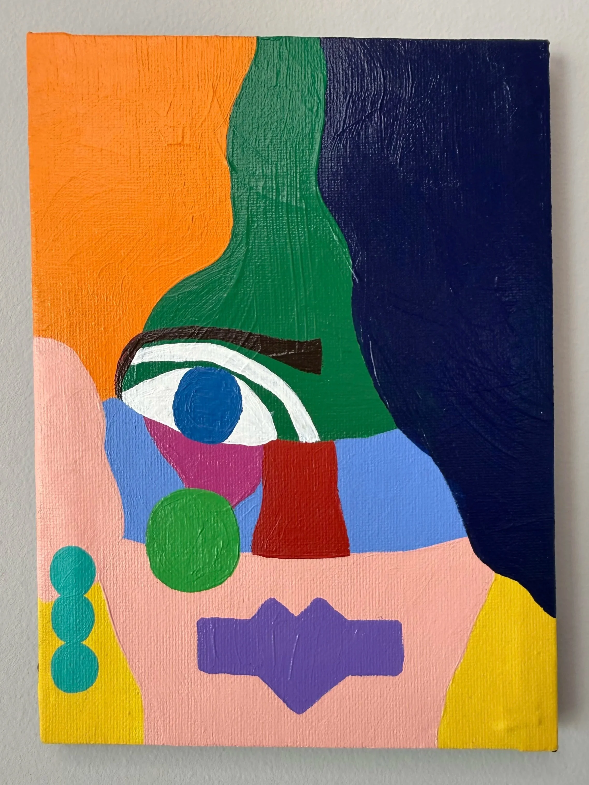 Abstract colorful painting with shapes such as circles, rectangles, and organic forms in bright colors including orange, green, blue, purple, red, yellow, and pink.
