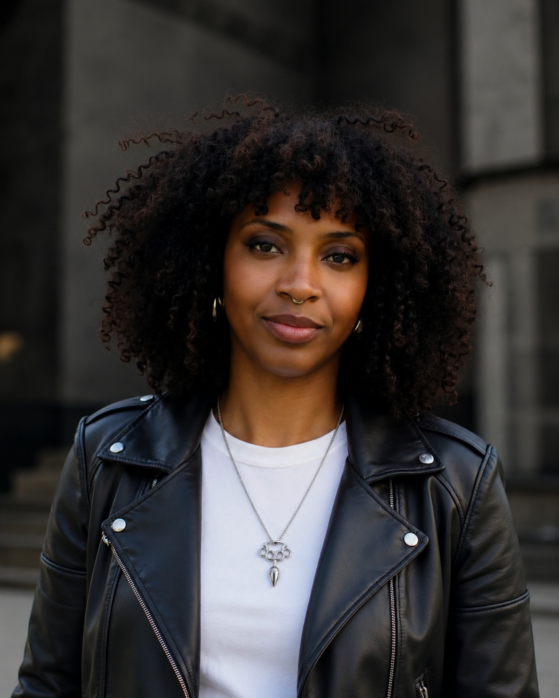 Portrait of a woman with curly dark hair, wearing a black leather jacket, white shirt, and jewelry, standing outdoors in front of a stone building.