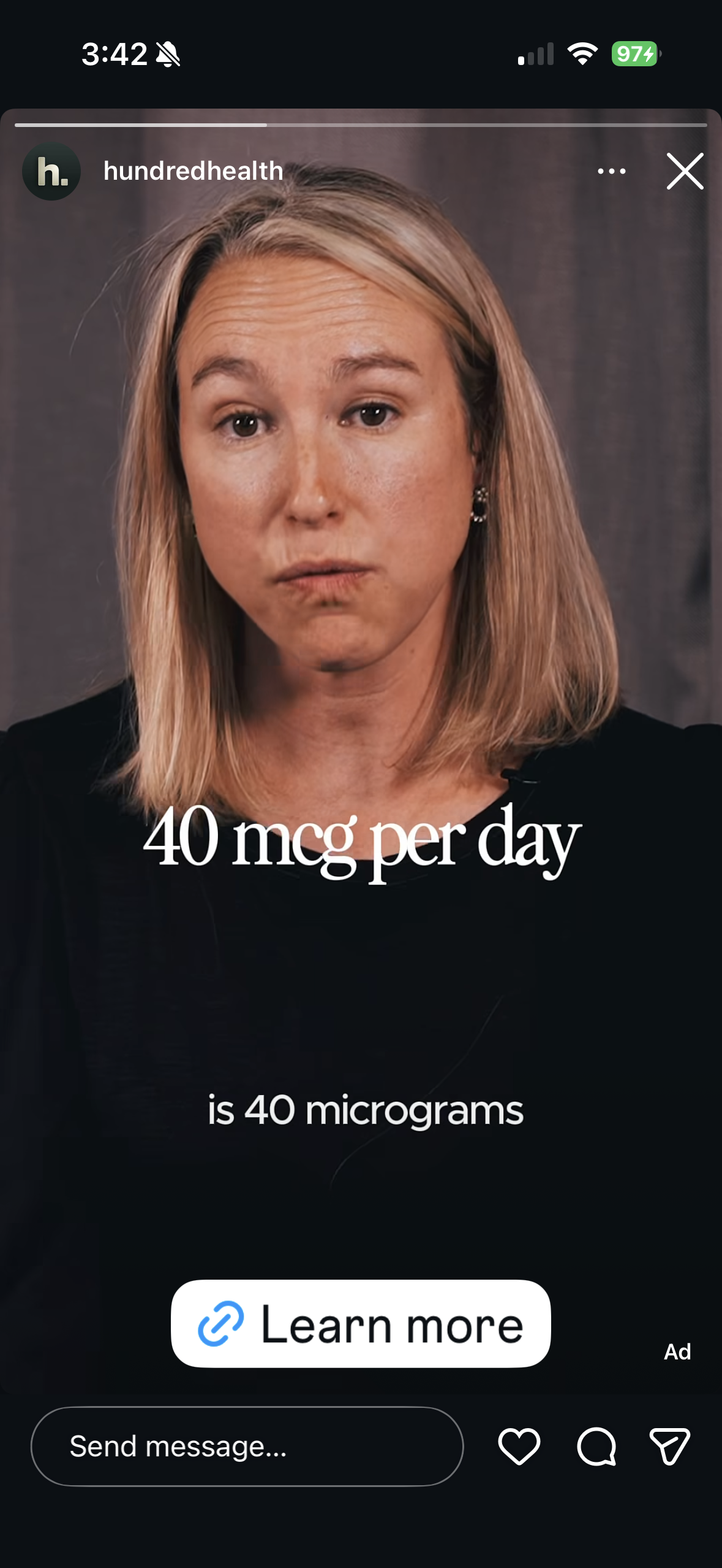 A woman with blonde hair and a black shirt showing text that reads '40 mcg per day is 40 micrograms'.