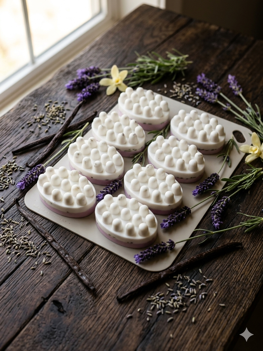 Six lavender-colored bath bombs with white foam tops placed on a white board, surrounded by sprigs of lavender and yellow flowers on a rustic wooden table near a window.