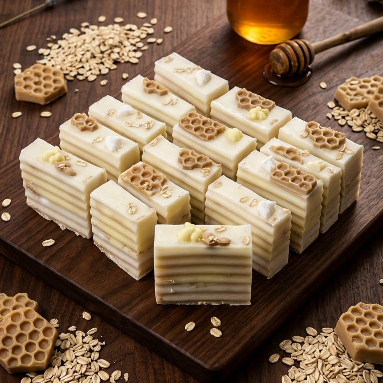 Layered white chocolate dessert bars with honeycomb and oat toppings on a wooden board, surrounded by honey, honeycomb pieces, and scattered oats.