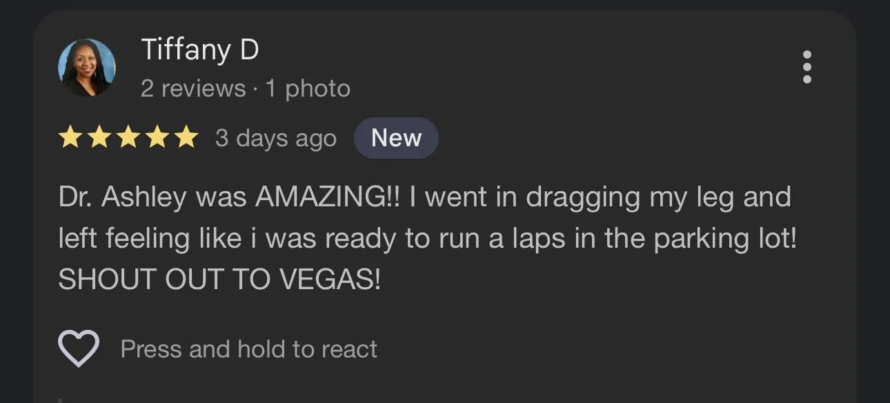 Online review from Tiffany D about her positive experience with Dr. Ashley, praising her for being amazing and feeling ready to run laps after her treatment.